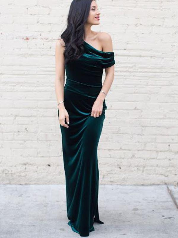 Charming One Shoulder Long Sheath Emerald Green Velvet Prom Dresses, T Oktypes Charming One Shoulder Long Sheath Emerald Green Velvet Prom Dresses, T Oktypes