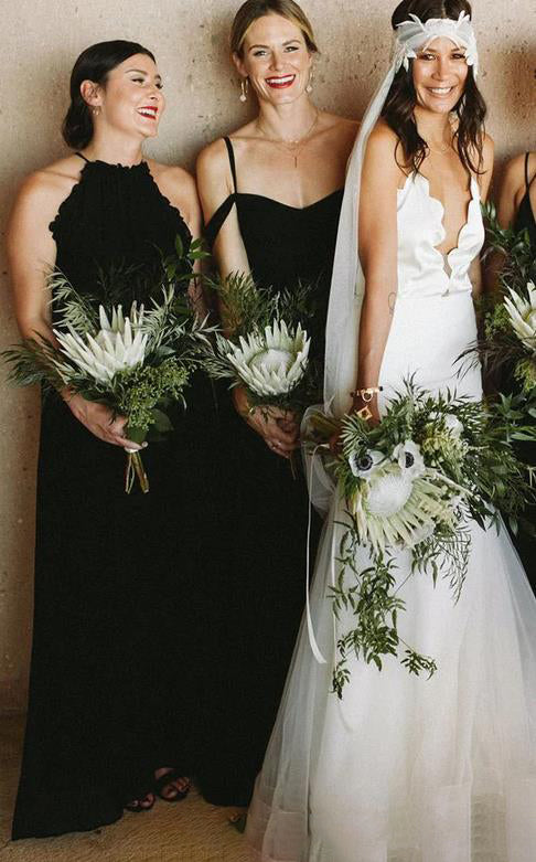 Mismatched Black Off Shoulder A-line Beautiful Long Bridesmaid Dresses, BDS0193