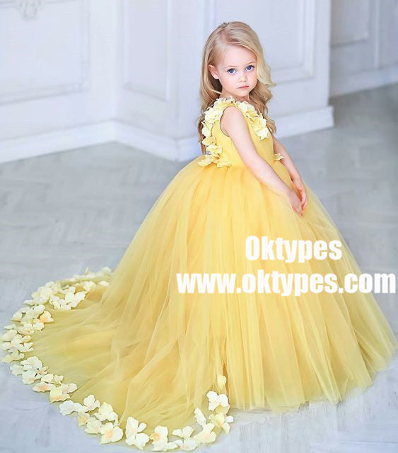 Ball Gown V-Neck Sweep Train Yellow Tulle Flower Girl Dress with Flowers, TYP0966