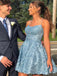Sky Blue Spaghetti Straps A-line Lace Backless Short Homecoming Dresses, HDS0091