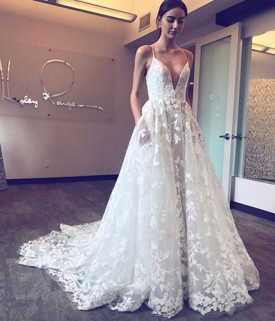 Sexy V-neck Spaghetti Straps Long Cheap Lace Wedding Dresses with Pockets, TYP1019