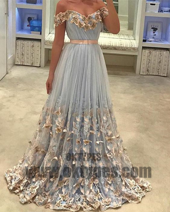 Newest Long Mermaid Prom Dresses, Off-shoulder Appliques Prom Dresses, Backless Zipper Tulle Prom Dresses, TYP0367