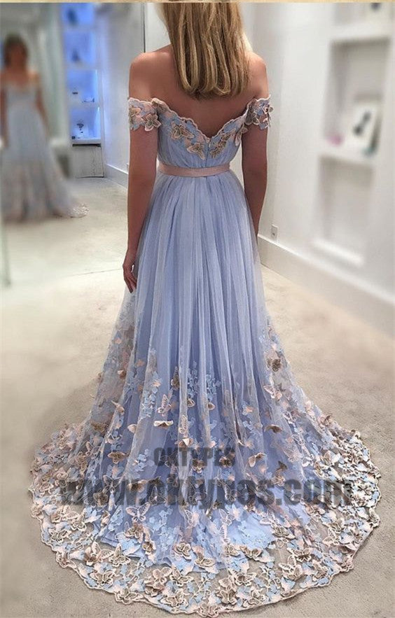 Newest Long Mermaid Prom Dresses, Off-shoulder Appliques Prom Dresses, Backless Zipper Tulle Prom Dresses, TYP0367