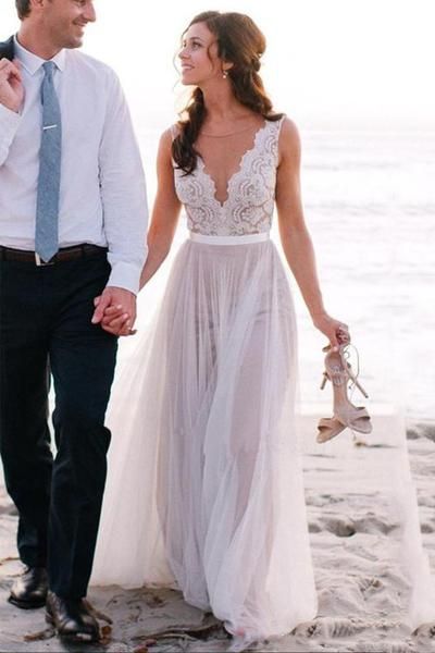 Deep V Neckline Lace Sexy Long Custom Beach Wedding Gowns Dresses, TYP1076