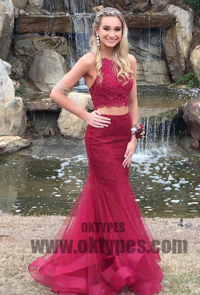 Red Two Piece Beading Prom Dresses, Halter Strap Tulle Prom Dresses, TYP0387