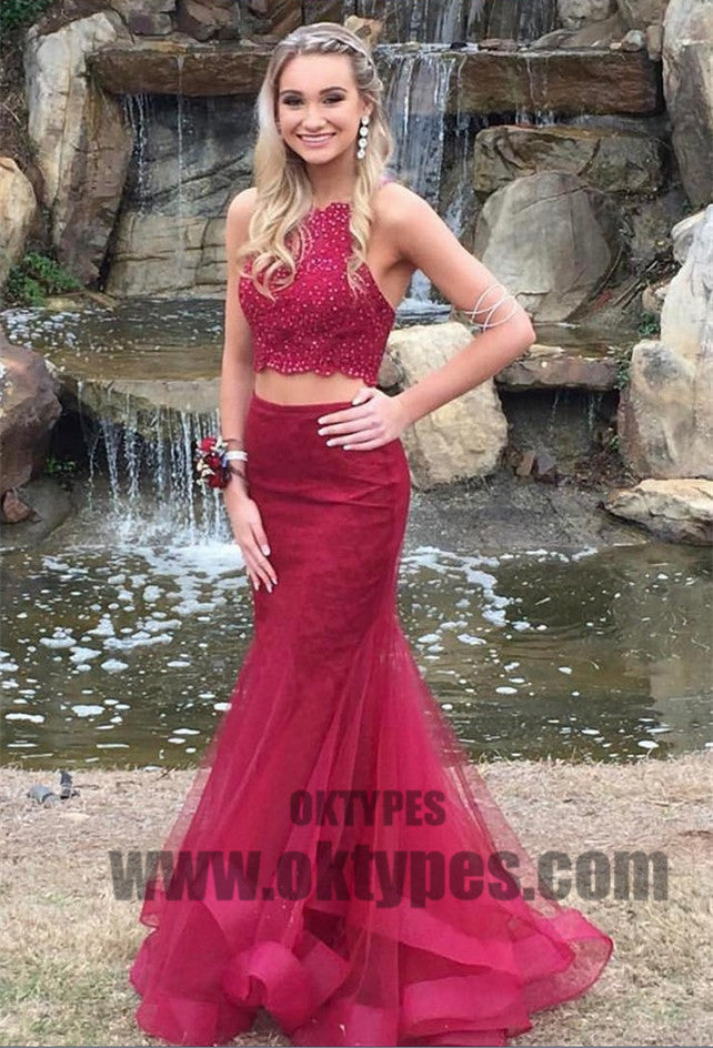 Red Two Piece Beading Prom Dresses, Halter Strap Tulle Prom Dresses, TYP0387