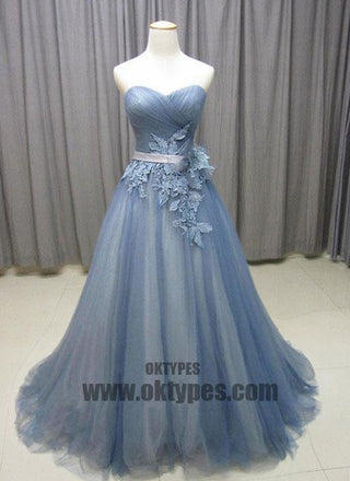 Sweetheart Neck Gray Blue Tulle Long Senior Prom Dress, Long Evening Dress With Lace Appliques, TYP0453