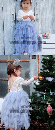 Scoop Long Sleeve Lace Top V-back Tulle Flower Girl Dresses, Popular Little Girl Dresses, TYP0530
