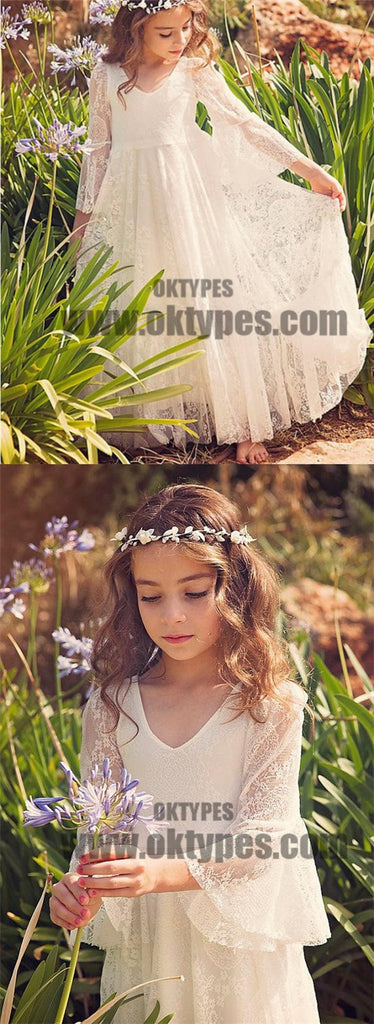 Boho Long Sleeve A-line Lace Flower Girl Dresses, Lovely Little Girl Dresses, TYP0622