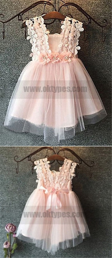 A-Line Square Short Pink Tulle Flower Girl Dress with Lace Flowers, TYP0786