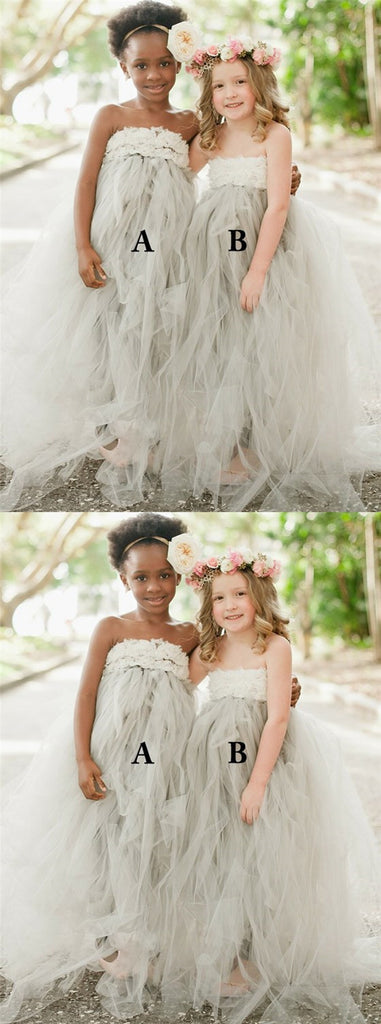A-Line Strapless Sweep Train Light Grey Tulle Flower Girl Dress with Appliques, TYP1029