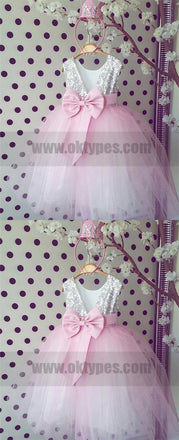 Silver Sequined Pink Tulle Flower Girl Dresses, Cute Flower Girl Dresses, TYP0768