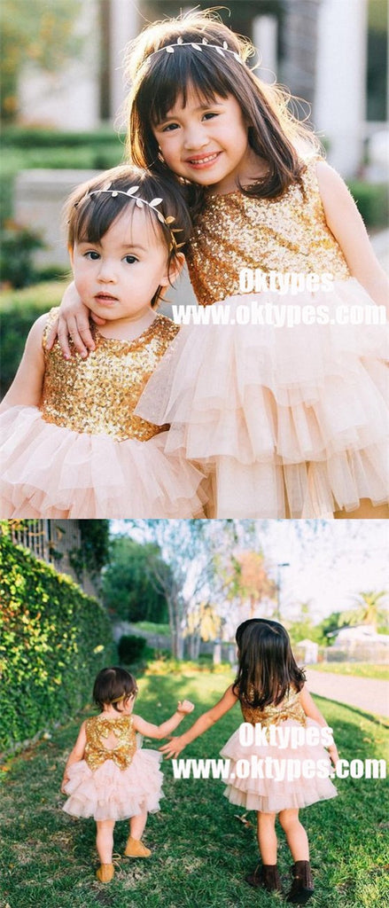 Ball Gown Jewel Open Back Pearl Pink Tulle Flower Girl Dress with Sequins, TYP0910