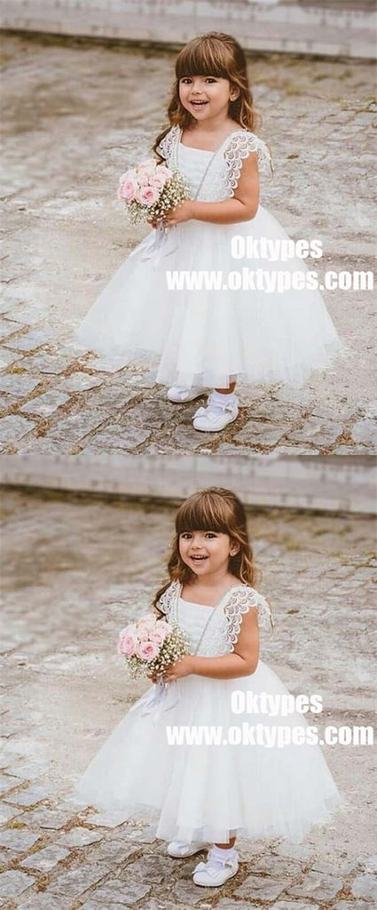 Ball Gown Square Neck White Tulle Flower Girl Dress with Lace, TYP0886