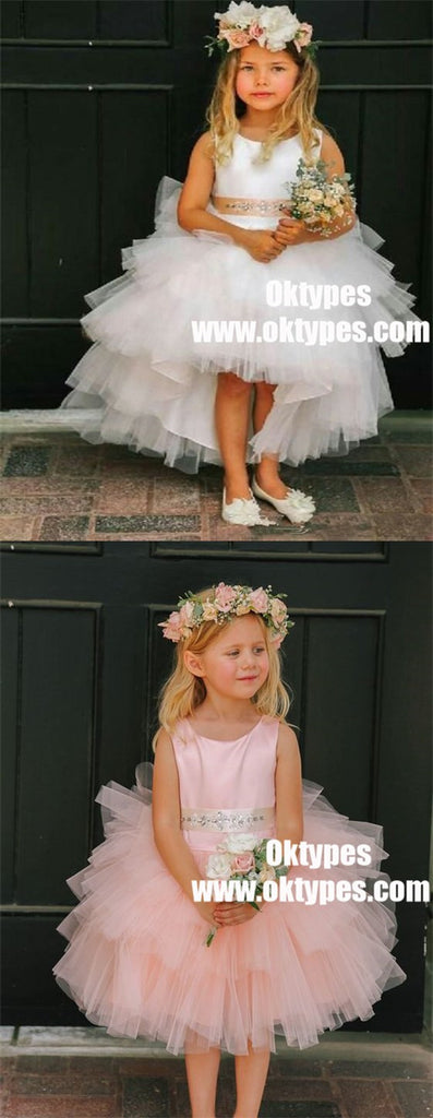 A-Line Asymmetry Train White Tulle Flower Girl Dress with Beading, TYP0948
