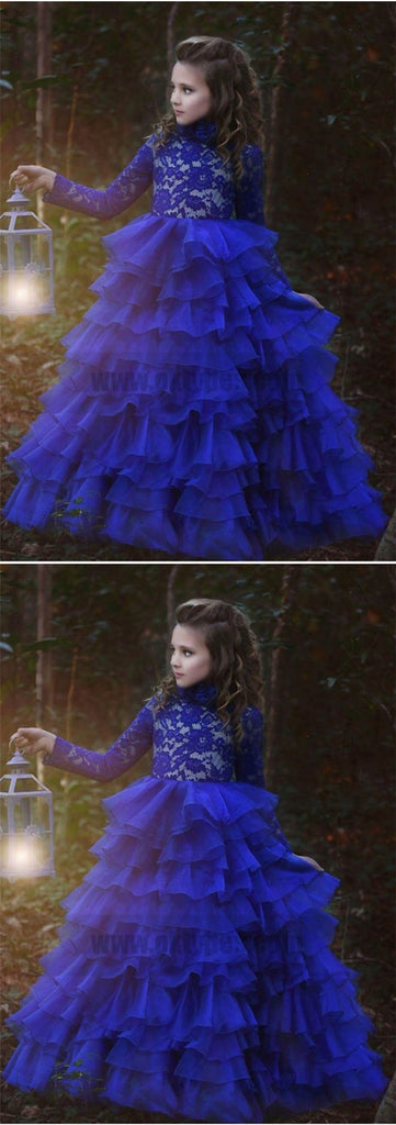 Blue Halter Long Sleeve Lace Tulle Flower Girl Dresses With Ruffles, TYP0769