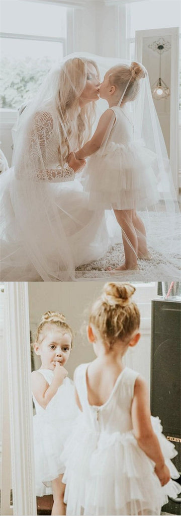 Cute Round Neck Tiered White Tulle Flower Girl Dresses with Lace, TYP1066