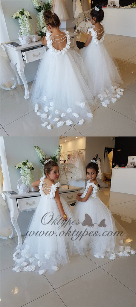 Backless Puffy Tulle Flower Girls Dresses with 3D Floral Appliques, TYP1379
