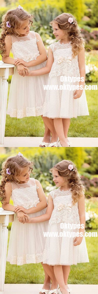 A-Line Round Neck White Lace Flower Girl Dress with Lace Bow Knot, TYP0890