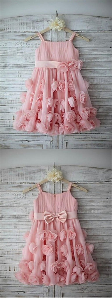 Unique Pink Spaghetti Straps Zipper Up A-Line Chiffon Flower Girl Dresses With Appliques, TYP1151