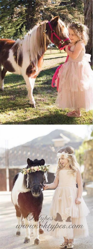 Long Tulle Cheap Rustic Blush Pink Cute Flower Girl Dresses, TYP1216