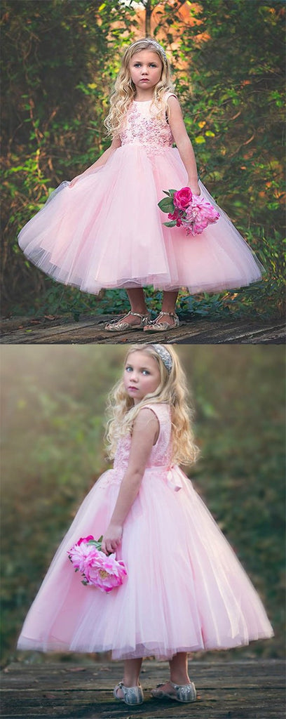 Round Neck Pink Tulle Flower Girl Dresses with Appliques&Beading, TYP1070