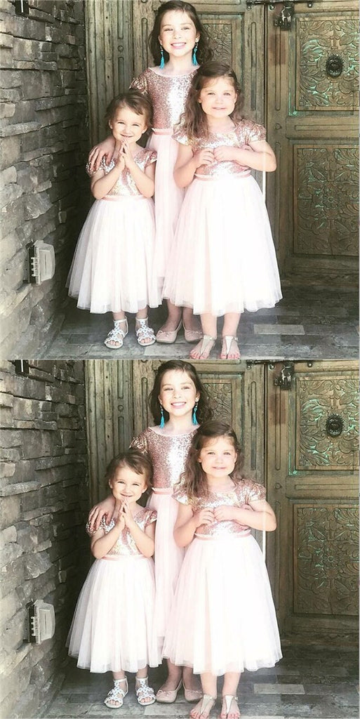 A-Line Rose Gold Round Neck Tea-Length Flower Girl Dress with Sequins, TYP1154