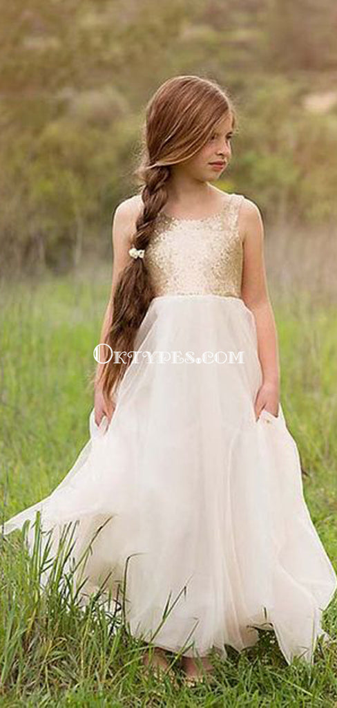A-Line Square Neck White Tulle Flower Girl Dress with Sequined Flowers, TYP0968