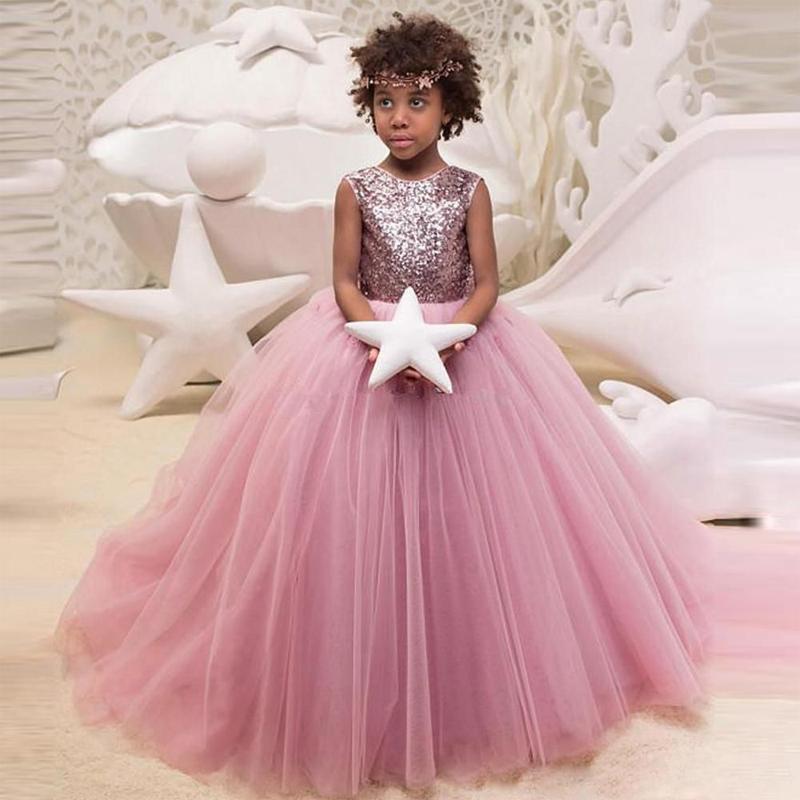Charming Round Pink Tulle Top Sequin Ball Gown Long Cheap Flower Girl Dresses, FGS0017