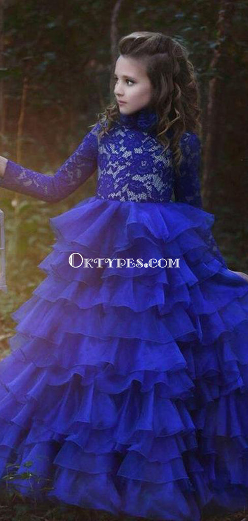 Blue Halter Long Sleeve Lace Tulle Flower Girl Dresses With Ruffles, TYP0769
