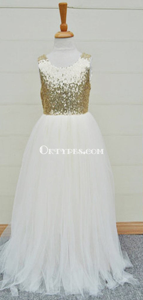Gold Sequin Top White Tulle Cute Flower Girl Dresses For Wedding Party, TYP0521