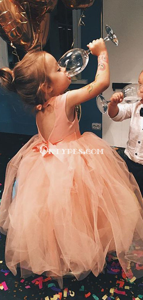 Ball Gown Round Neck Open Back Peach Tulle Flower Girl Dress with Sash, TYP0717