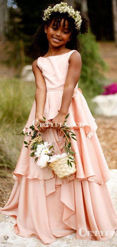 Newest Jewel Sleeveless Pink Long Flower Girl Dresses With Ruffles, TYP1957