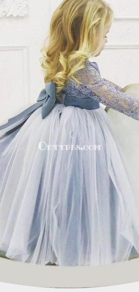 Long Sleeve Lace Round Neck Dusty Blue Tulle Flower Girl Dress with  Bowknot, TYP1007