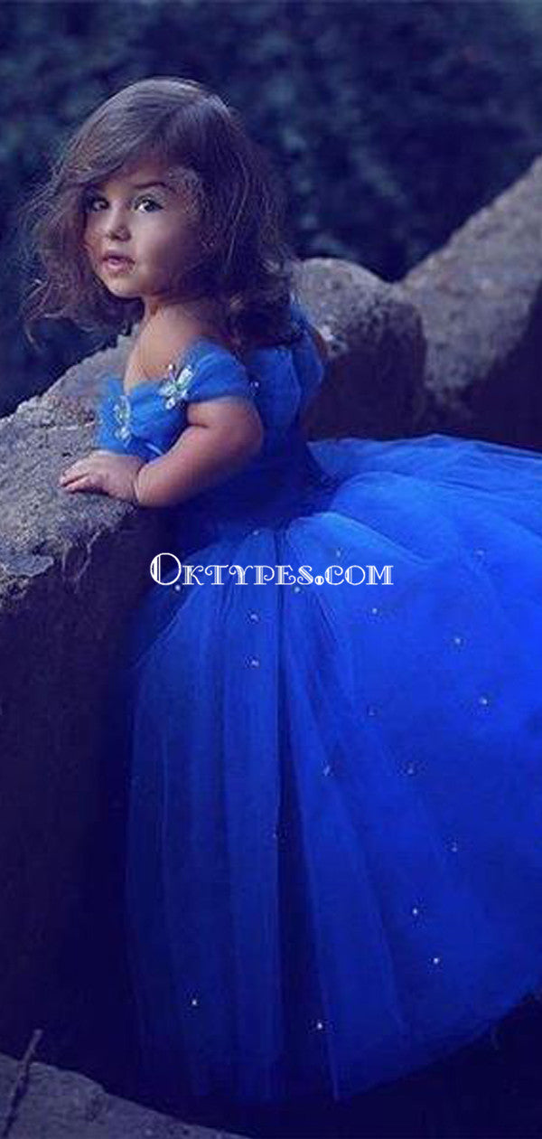 Off the Shoulder Royal Blue Organza Toddler Baby Flower Girl Dresses, Oktypes Off the Shoulder Royal Blue Organza Toddler Baby Flower Girl Dresses, Oktypes