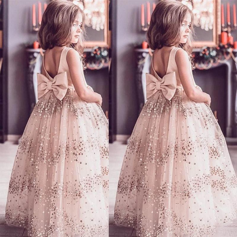 Elegant Cute Pink Backless Sequin Lace A-line Long Cheap Flower Girl Dresses, FGS0004