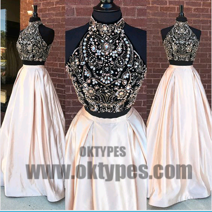 2 Pieces Rhinestone Beaded Top Satin Prom Dresses, Gorgeous Long Prom Dresses, TYP0412