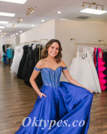 Sexy Sequin Top Satin Bottom Off Shoulder V-Neck Sleeveless A-Line Long Prom Dresses,PDS0769