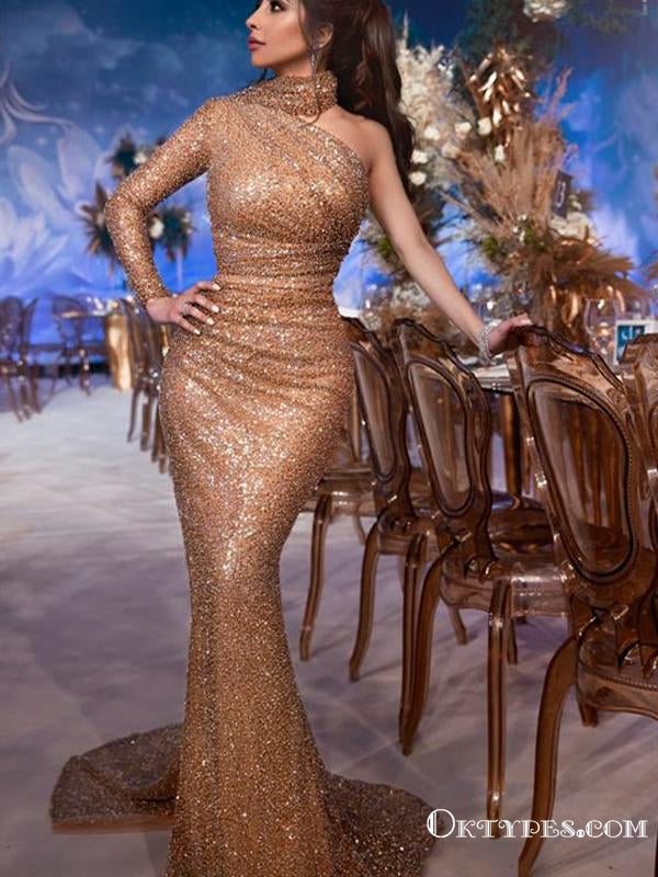 Gorgeous High-Neck One-Shoulder Mermaid Long-Sleeves Prom Dresses, TYP1928