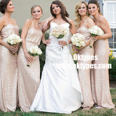 Spaghetti Straps Cheap Long Sequin Gold Bridesmaid Dresses With Sleeves, TYP0831