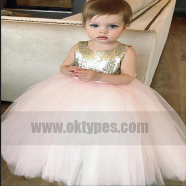 Ball Gown Gold Sequin Pink Tulle Flower Girl Dresses With Bow, TYP0743