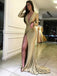 Mermaid Deep V-Neck Long Sleeves Split Front Gold Sequined Prom Dresses, TYP1274