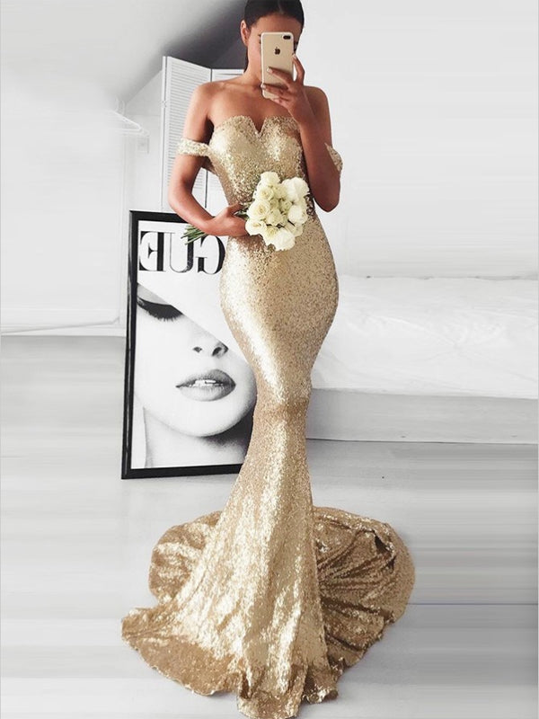 Mermaid Off-the-Shoulder Long Cheap Gold Sequined Prom Dresses, TYP1332