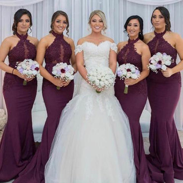 Halter Mermaid Grape Long Bridesmaid Dress with Appliques, TYP1756