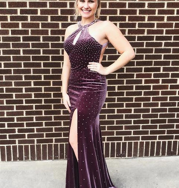 Sexy Mermaid Long Cheap Velvet Evening Prom Dresses With Beaded, TYP1717
