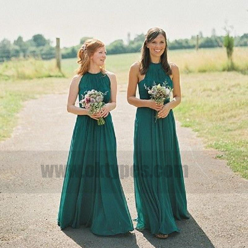 Cheap Halter Green Custom Chiffon Long Bridesmaid Dresses, TYP0815