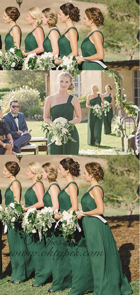 Green Casual One Shoulder Long Cheap Chiffon Bridesmaid Dresses, TYP1480