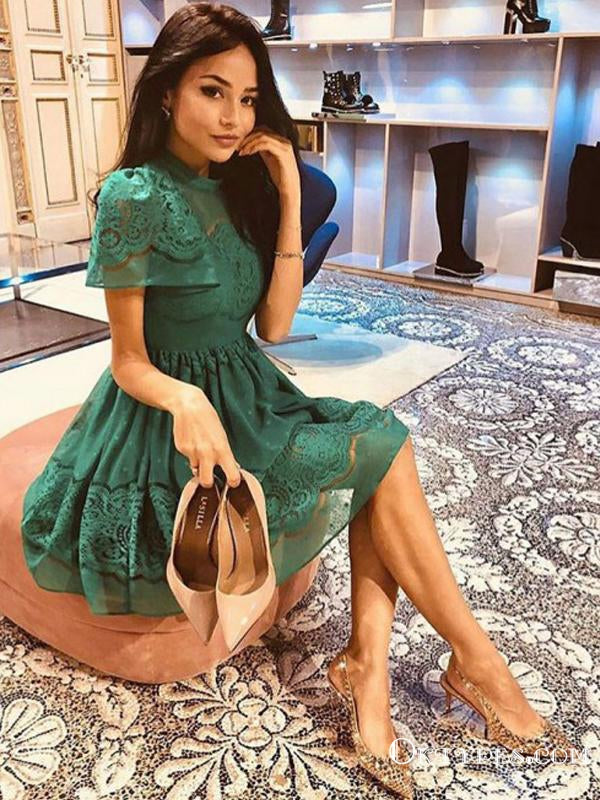 A-Line High Neck Short Sleeves Green Lace Homecoming Dresses, TYP2016