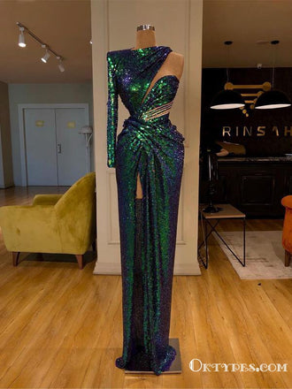 Spaghetti Strap Emerald Green Prom Dresses with Slit Sheath Formal