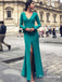 Mermaid Deep V-Neck Long Sleeves Green Long Prom Dresses with Ruffles, TYP1630